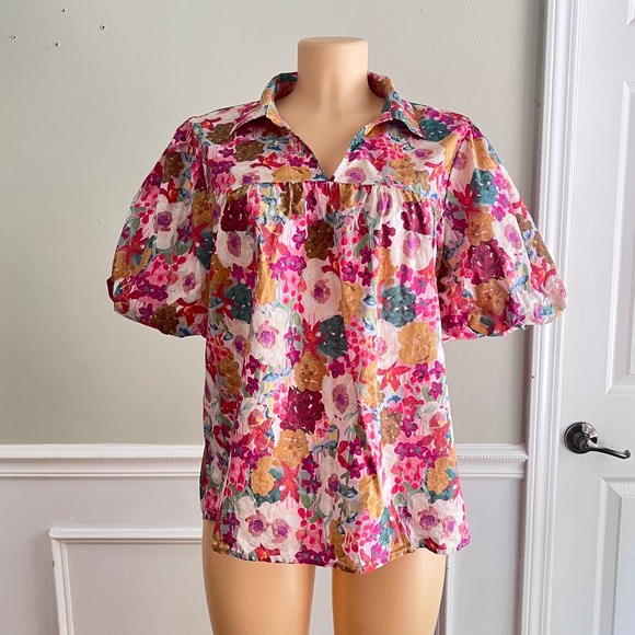 JODIFL Tops - Floral Puff Sleeve Blouse Womens Large Pink Cotton Babydoll V-Neck Top Cottage